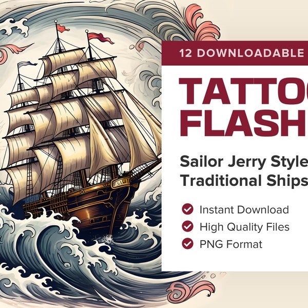 Sailing Ship in Traditional Style - Digital Download - Traditional Sailor Jerry Style Tattoo Designs - Tattoo Flash - 12X IMAGES INCLUDED