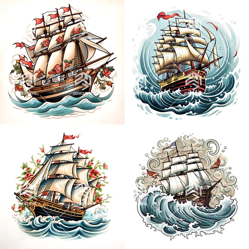 Sailing Ship in Traditional Style - Digital Download - Traditional ...