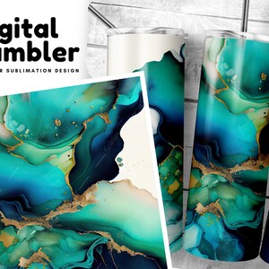 Turquoise Alcohol Ink Tumbler Wrap, 20 oz Sublimation Design, Digital Download, Gold Foil, Silver Green Swirls