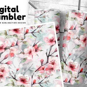 桜タンブラーラップ、20 オンス スキニータンブラー昇華デザイン、ピンクの水彩桜、デジタルダウンロード