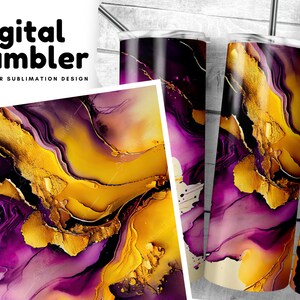 Pink Alcohol Ink Tumbler Wrap, 20 oz Sublimation Design, Digital Download, Yellow Gold Swirls