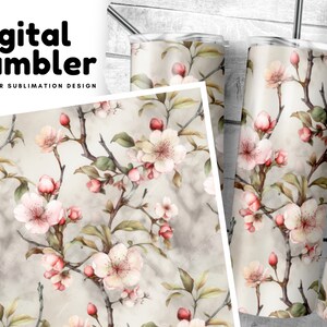 Floral Tumbler Wrap 20 oz Skinny Tumbler Sublimation Design, Watercolor Sakura Cherry Blossom Tumbler Wrap, Digital Download