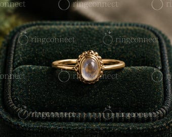Anillo de compromiso antiguo con cabujón ovalado de piedra lunar, anillo de boda de oro macizo con diamantes, anillo nupcial vintage único, anillo de promesa de aniversario para mujer.