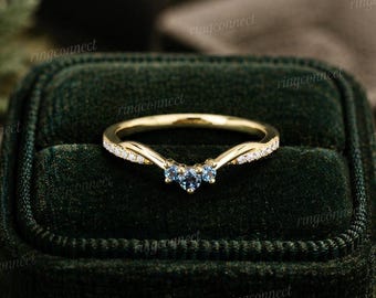 Anillo de boda de oro de 14k con alejandrita de talla redonda, anillo de oro macizo con moissanita, anillo a juego, anillo curvo, regalos de aniversario, anillo hecho a mano para mujer