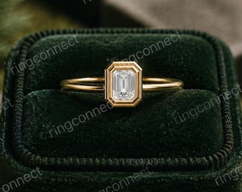 Anillo de compromiso de moissanita talla esmeralda, oro macizo de 14k, anillo redondo de moissanita, anillo en racimo, anillo único, anillo de boda, anillo nupcial, anillo de aniversario.