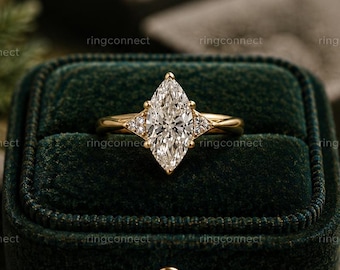 Conjunto de anillo de compromiso vintage de oro de 14 quilates con moissanita: solitario marquesa de 2 quilates