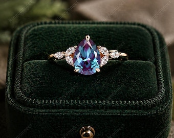 Anillo de compromiso de oro de 14k con alejandrita, anillo de compromiso vintage en oro rosa con forma de pera, anillo de diamantes talla marquesa, anillo de compromiso para aniversario de boda.