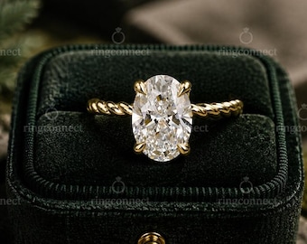Anillo de compromiso ovalado de moissanita en oro macizo de 14k, anillo de boda solitario, estilo art déco.