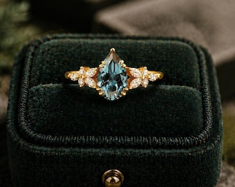 Anillo de compromiso de oro de 14k con alejandrita, anillo de compromiso vintage en oro rosa con forma de pera, anillo de diamantes talla marquesa, anillo de compromiso para aniversario de boda.