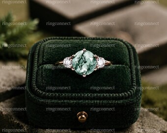 Anillo de compromiso vintage redondo de ágata musgosa verde en oro rosa de 14k, anillo único de diamantes Snowdrift en racimo para mujer, regalo de promesa de boda