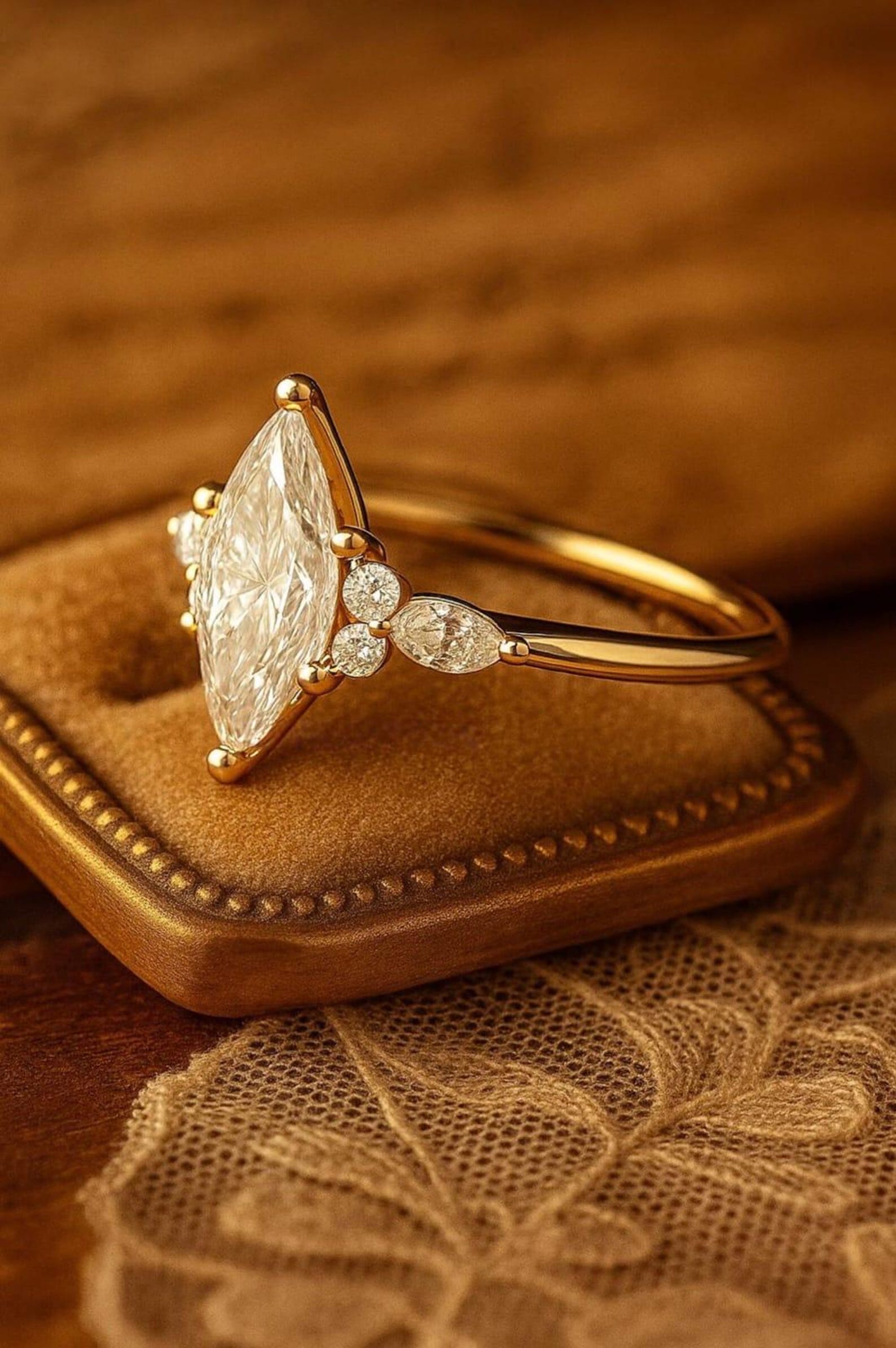 Vintage Art Deco Marquise Moissanite Diamond 14k Gold Engagement Ring