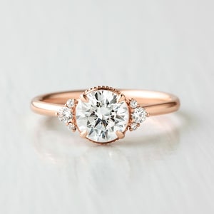 Round Moissanite Engagement Ring Vintage Bridal Jewelry with Wedding Band - Rose Gold, Sterling Silver - Unique Gift