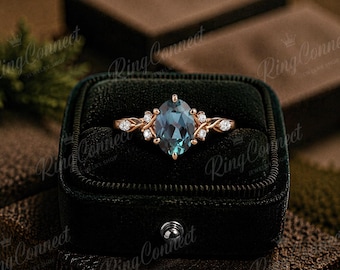 Oval Alexandrite Engagement Ring, 14K Gold Vermeil, Color-Changing Cluster Ring