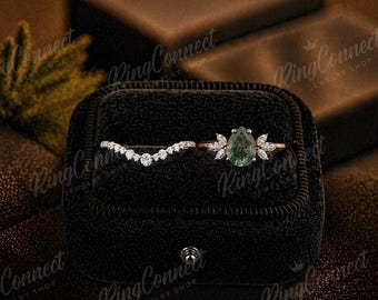 Pear Cut Moss Agate Engagement Ring Set, 14K Solid Gold Bridal Set