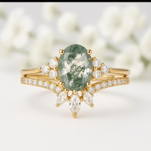 Leafwave Oval Cut Moss Agate Nature Inspired Engagement Ring Set Engagement Ring Anniversary Ring Art Deco Birthday Gift for her Minimalist