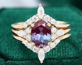 オーバルアレキサンドライトリングセット マーキスデザイン 結婚指輪セット 婚約指輪 記念日指輪 アールデコ調 誕生日プレゼント ミニマリスト