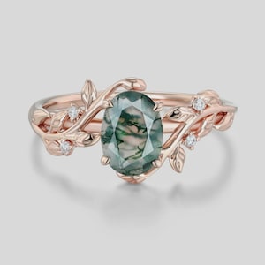 Vintage oval cut green moss agate engagement ring rose gold art deco cluster leaf nature inspired bridal promise wedding ring for women