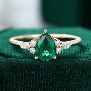 Pear Cut Lab Smaragd Verlobungsring: Art Deco Sterlingsilber Moissanit Brautring