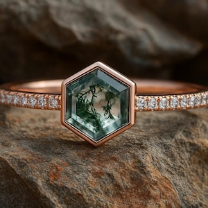 Hexagon Cut Moss Agate Engagement Ring Engagement Ring Anniversary Ring Art Deco Birthday Gift for her Minimalist