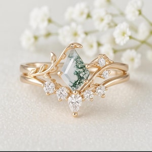 Art deco Pear Shaped Moss Agate Engagement Ring Bridal Set Gold leaf Promise Ring Nature Inspired Silver Ring Gemstone Cluster Jewelry Gift
