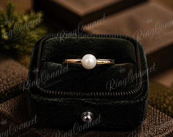 Anillo de oro macizo de 14 quilates con perlas y diamantes, anillo de compromiso minimalista con perlas de agua dulce para mujer, delicado anillo de tres piedras, regalo de piedra natal de junio.