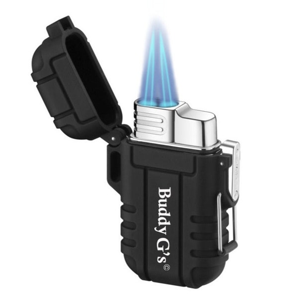 Double Burner Refillable Butane Torch Lighter - Textured Rubber Casing Jet Torch Lighter - Waterproof Lighter