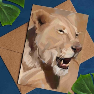Lionne | Impression animale | Gros chat | Carte de vœux | Vide à l’intérieur | Conception faite à la main | Impression d’art | Cartes cadeaux
