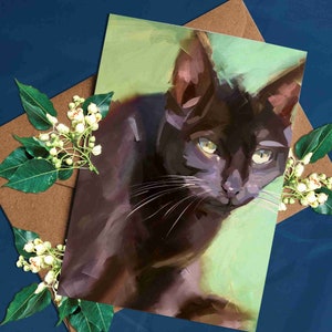 Chat noir | Impression animale | Carte de vœux | Vide à l’intérieur | Conception faite à la main | Impression d’art | Cartes cadeaux