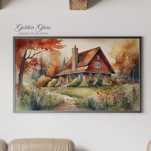 Red Cottage, Autumn Leaves - Watercolor Print | Fall Decor | Digital Download | printable art  | cottagecore aesthetic