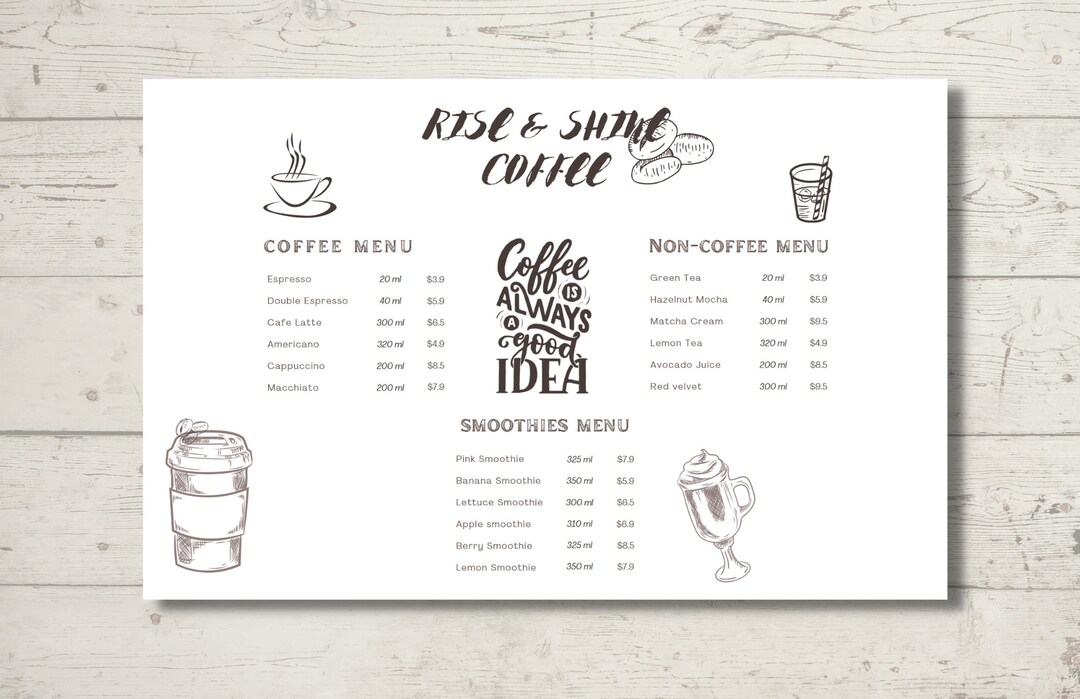 Coffee Shop Menu Digital Menu Coffee Shop Price List Printable Etsy