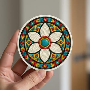 Decalcomania floreale con perline ispirata ai nativi americani, rosso, blu e giallo