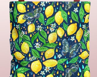 Lemon & Butterfly Print Tote Bag: Summer Fruit Design
