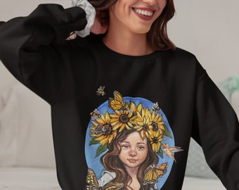 Sunflower Sweatshirt: Cottagecore Floral Illustration, Unisex Fit