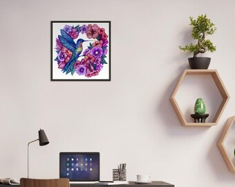 Hummingbird Floral Wreath Art Print, Matte Framed Poster