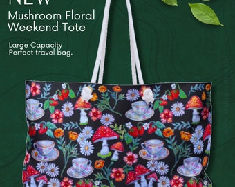 Floral Mushroom Weekender Tote Bag: Dark Academia Travel Bag