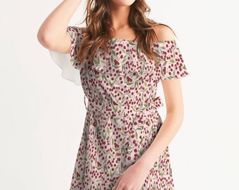 Cherry Print Off-Shoulder Dress: Ruffled Chiffon Summer Dress