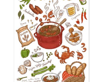 Gumbo - Louisiana Food Illustration - Cajun Cooking - Kitchen  Art- Classic Matte Paper Poster