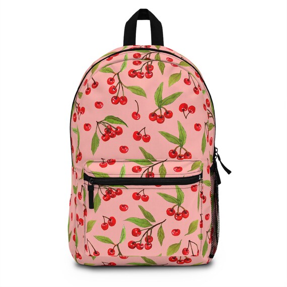 Cherry Print Pink Backpack - Polyester School Bag - Etsy display picture 2