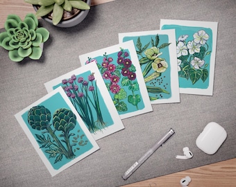 Botanische Kunst Grußkarten Set: Florale Grußkarten, leere Innenseite