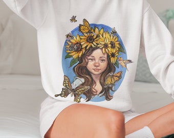 Sunflower Sweater, Cottagecore, Butterflies Sunflower, Gift For Teens, Sweatshirt