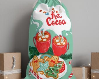 Kerstcadeauzakje warme cacao, illustratie koekjes, zakje met traktatie voor de feestdagen