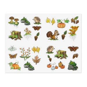 Autumn Woodland Stickers, Fall gifts Thanksgiving sticker set, cottagecore stickers, forest theme sticker, journaling, stationary, hedgehog