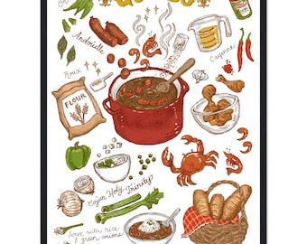 Gumbo - Louisiana Cuisine - Food Illustration - Kitchen  Art - Fine Art Wooden Framed Poster
