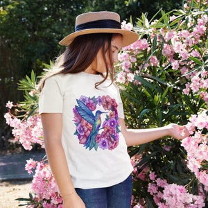 Camiseta juvenil Hummingbird - Camisa de cuello redondo para niños con estampado floral, regalo para niñas