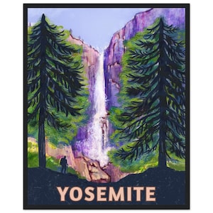 May include: A watercolour painting of a waterfall in Yosemite National Park. The waterfall is surrounded by tall, green trees and the text "Yosemite" is printed at the bottom of the image.