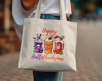 Happy Hallowthanksmas Cups Tote Bag, Halloween Tote Bag, Spooky Season Tote, Cute Fall Tote Gift, Thanksgiving Bag for Teacher
