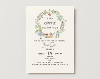 May include: Baby shower invitation with watercolor illustrations of Alice in Wonderland characters and woodland creatures. The invitation includes the text "A New Chapter Will Soon Begin" and event details for Jane Doe's baby shower on October 19th.