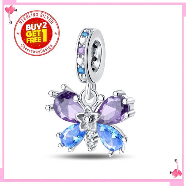 Blue & Purple Zircon Butterfly Dangle Charm, Sterling Silver Charm, Necklace Charm, Fits Pandora Bracelets, Women's Jewelry, Gift For Her