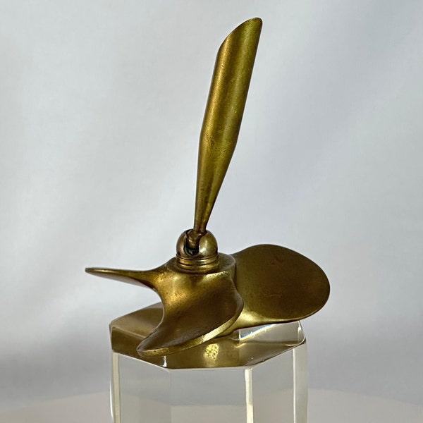 Solid Brass Propeller Pen Holder sculpture with swivel midcentury nautical theme golden patina