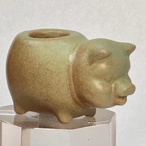 May include: A ceramic pig-shaped planter in shades of green and brown. The planter has a round body with a small opening at the top and four tiny legs. The pig's face is detailed with small ears and a smiling snout.